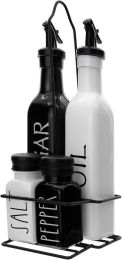 Regent Glass Black & White Oil, Vinegar, Salt & Pepper Set with Caddy – 5 Piece Set