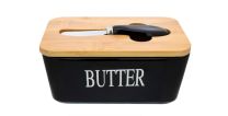 Regent Ceramic Butter Dish Black with Bamboo Lid and Stainless Steel Knife