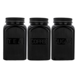 Regent Black Ribbed Square Glass Canisters 3 piece